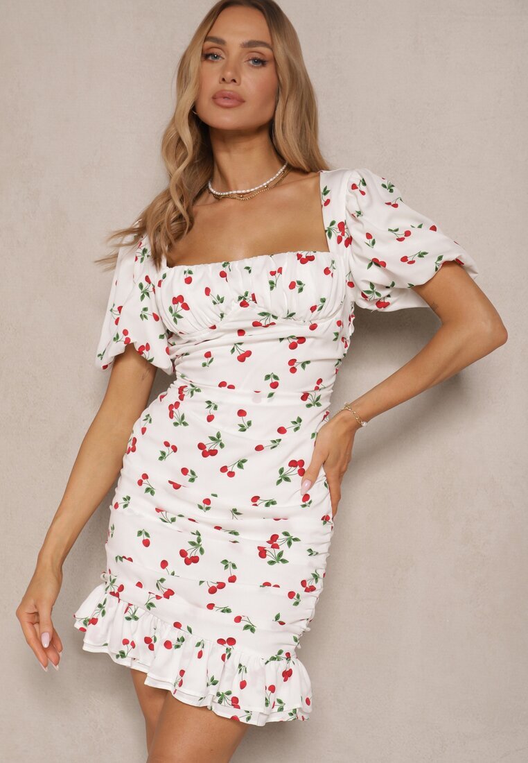 retro & icone Rochie Albă Decorată cu Imprimeu de Cireșe și Încrețituri Halethra