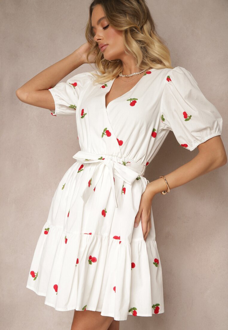 retro & icone Rochie Albă din Bumbac cu Cireșe cu Elastic în Talie Axona