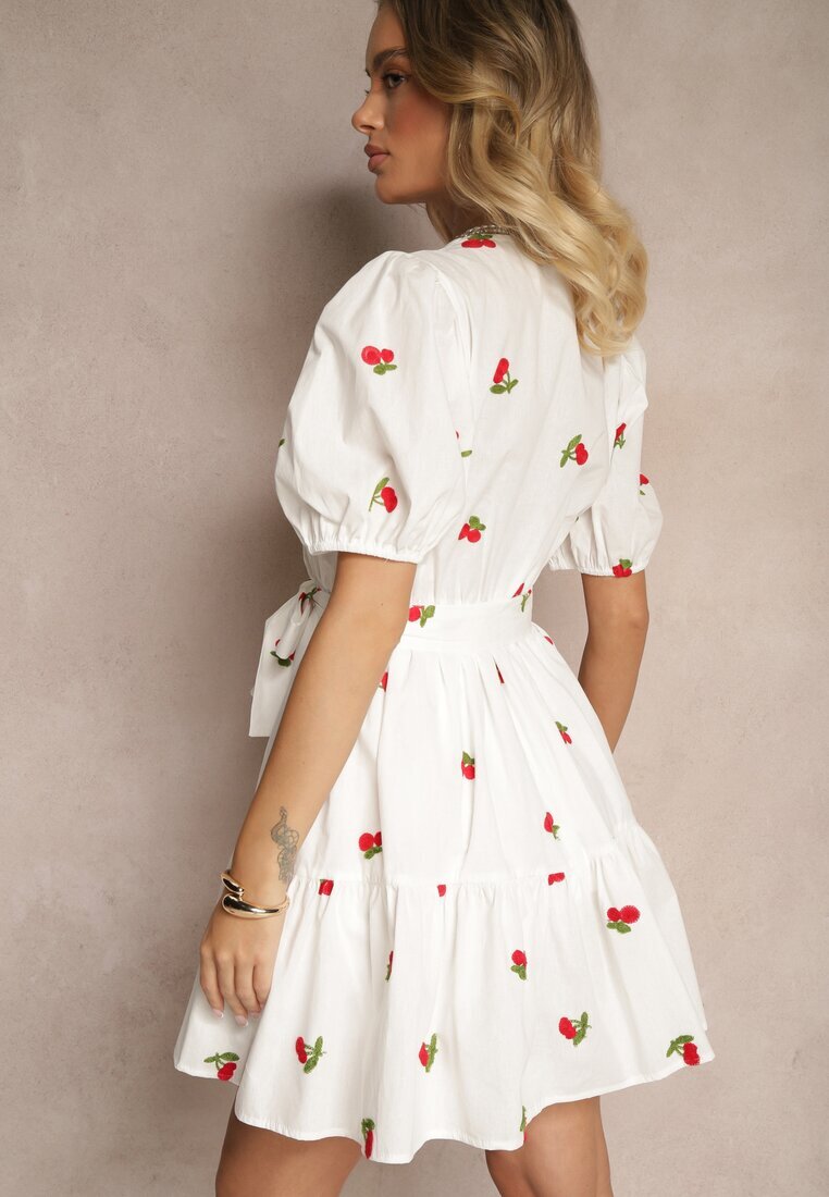 retro & icone Rochie Albă din Bumbac cu Cireșe cu Elastic în Talie Axona