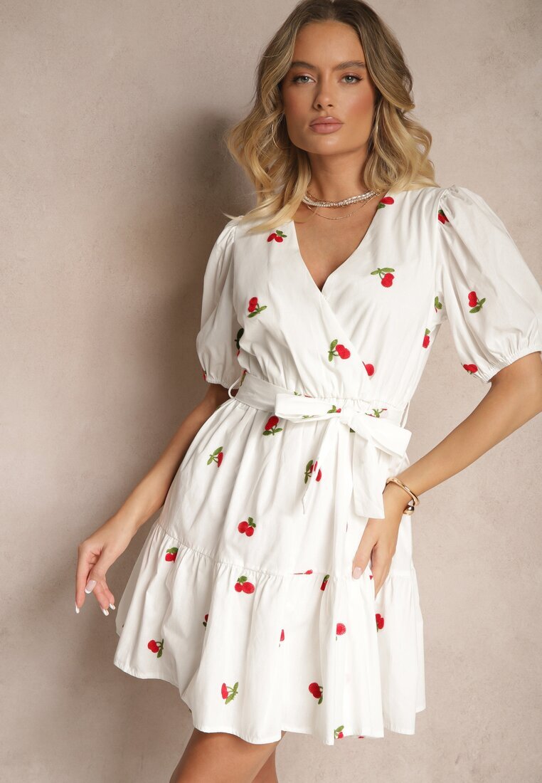 retro & icone Rochie Albă din Bumbac cu Cireșe cu Elastic în Talie Axona
