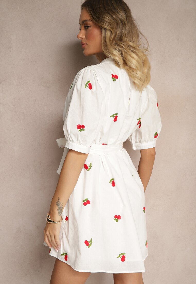 retro & icone Rochie Albă din Bumbac cu Croială Tip Cămașă cu Broderie cu Cireșe Delandris