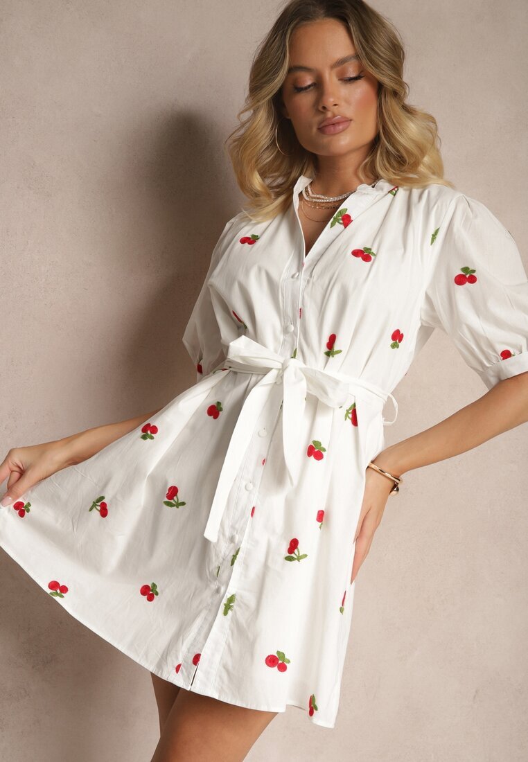 retro & icone Rochie Albă din Bumbac cu Croială Tip Cămașă cu Broderie cu Cireșe Delandris