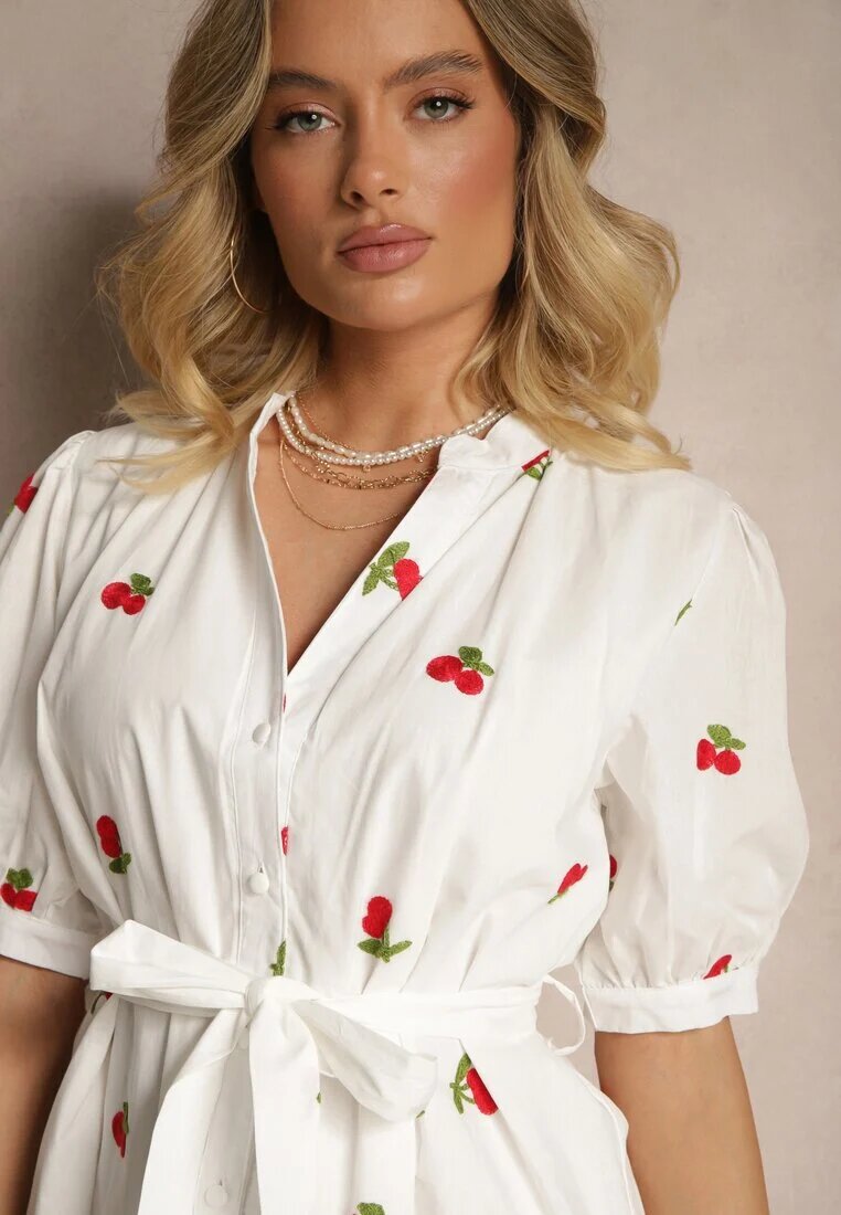 retro & icone Rochie Albă din Bumbac cu Croială Tip Cămașă cu Broderie cu Cireșe Delandris