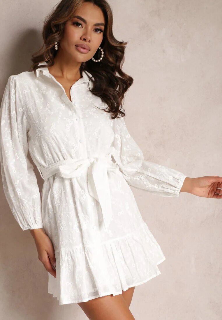 retro & icone Rochie Albă din țesătură brodată de bumbac legată în talie Roselia