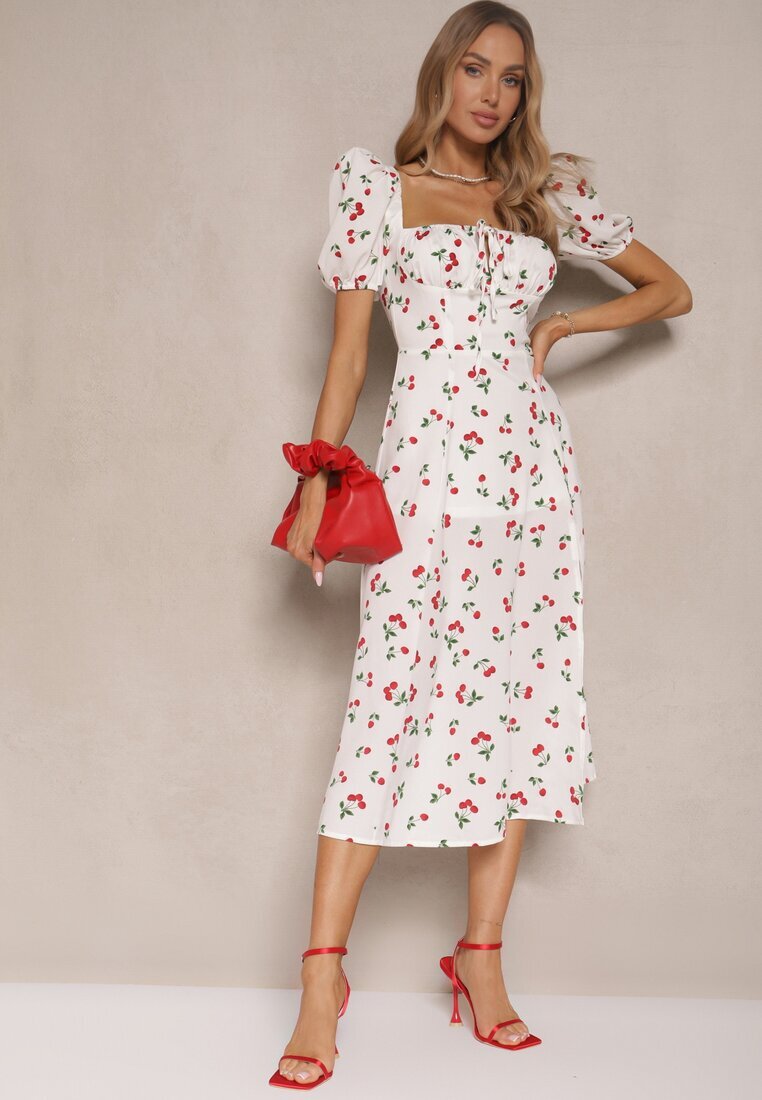 retro & icone Rochie Albă evazată decorată cu cireșe și legătură Hallonia