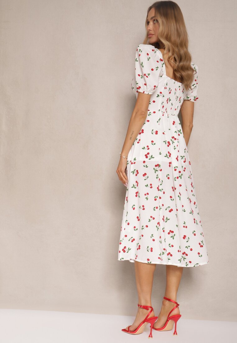 retro & icone Rochie Albă evazată decorată cu cireșe și legătură Hallonia