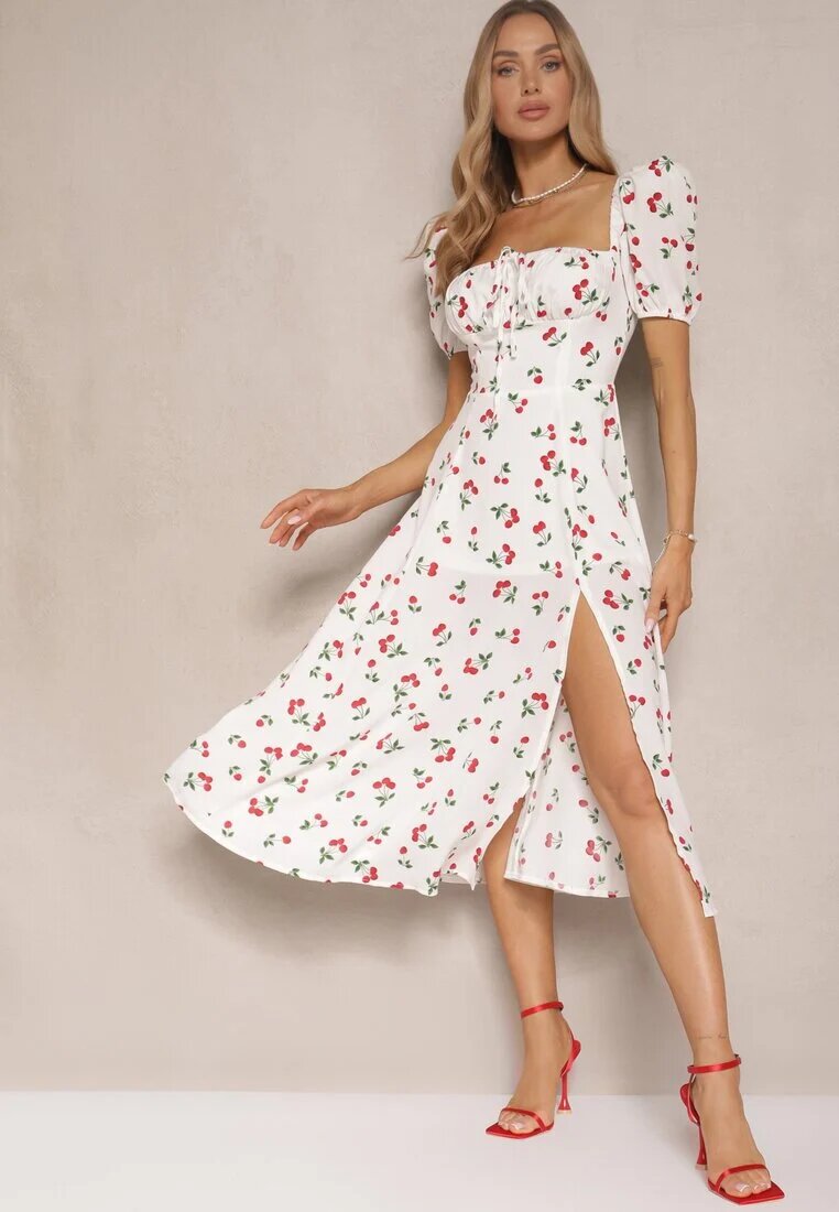 retro & icone Rochie Albă evazată decorată cu cireșe și legătură Hallonia