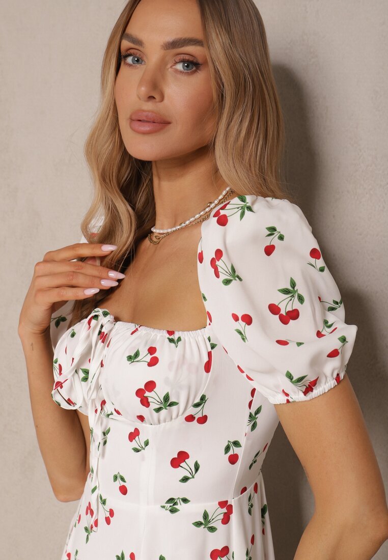 retro & icone Rochie Albă evazată decorată cu cireșe și legătură Hallonia