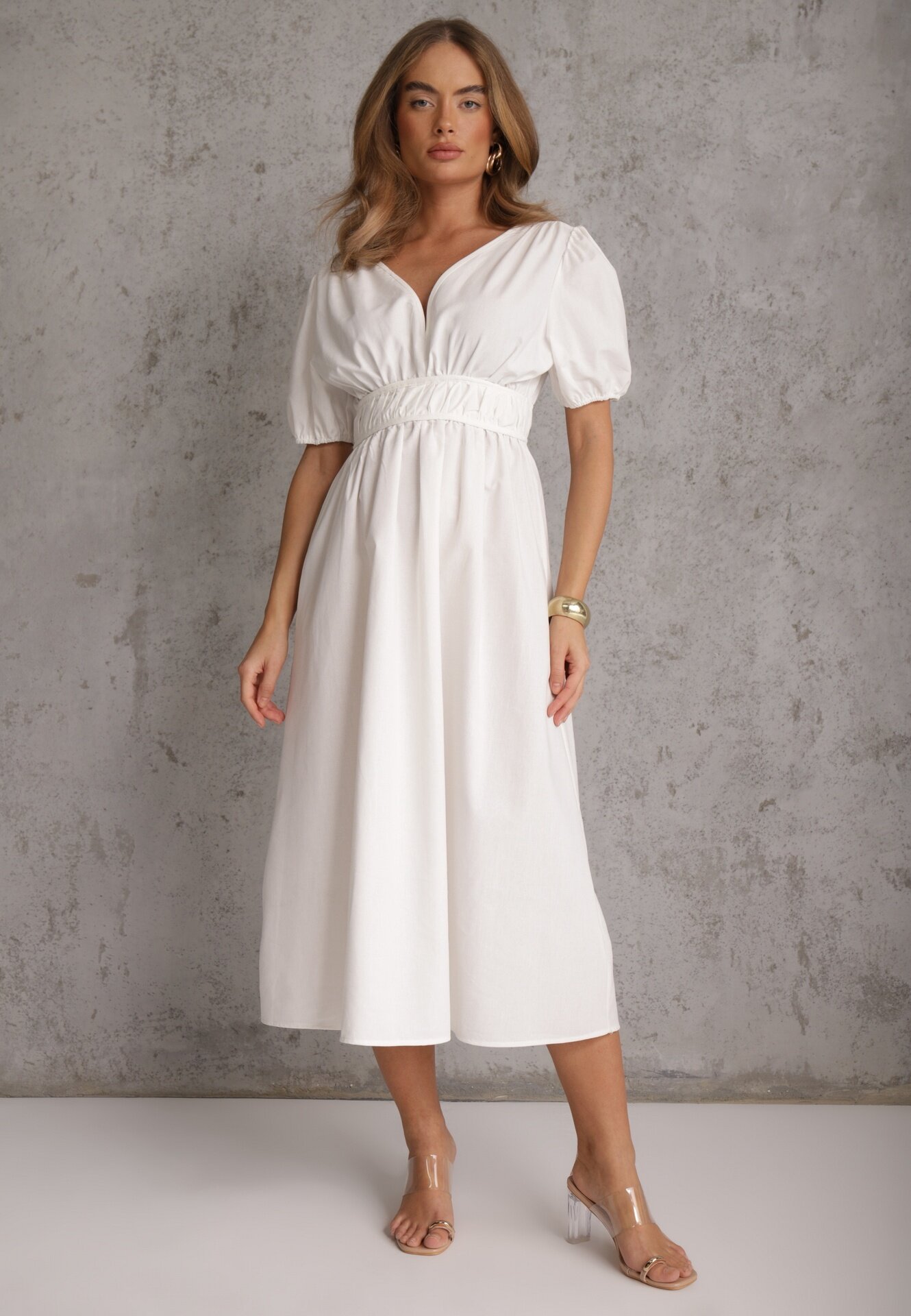 retro & icone Rochie Albă Midi cu Elastic în Talie cu Bretele Încrucișate la Spate Jorlyn