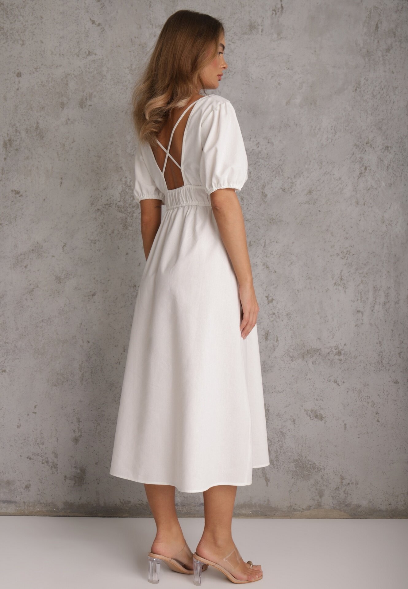 retro & icone Rochie Albă Midi cu Elastic în Talie cu Bretele Încrucișate la Spate Jorlyn