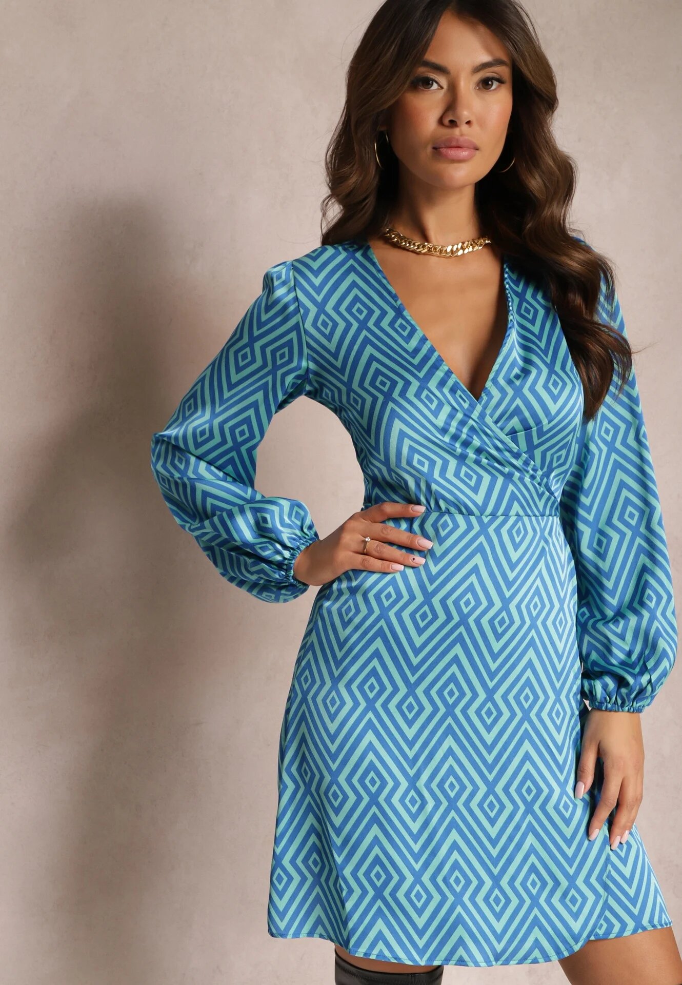 retro & icone Rochie Albastră Asimetrică Mini cu Mânecă Lungă și Șnur în Talie Cyness