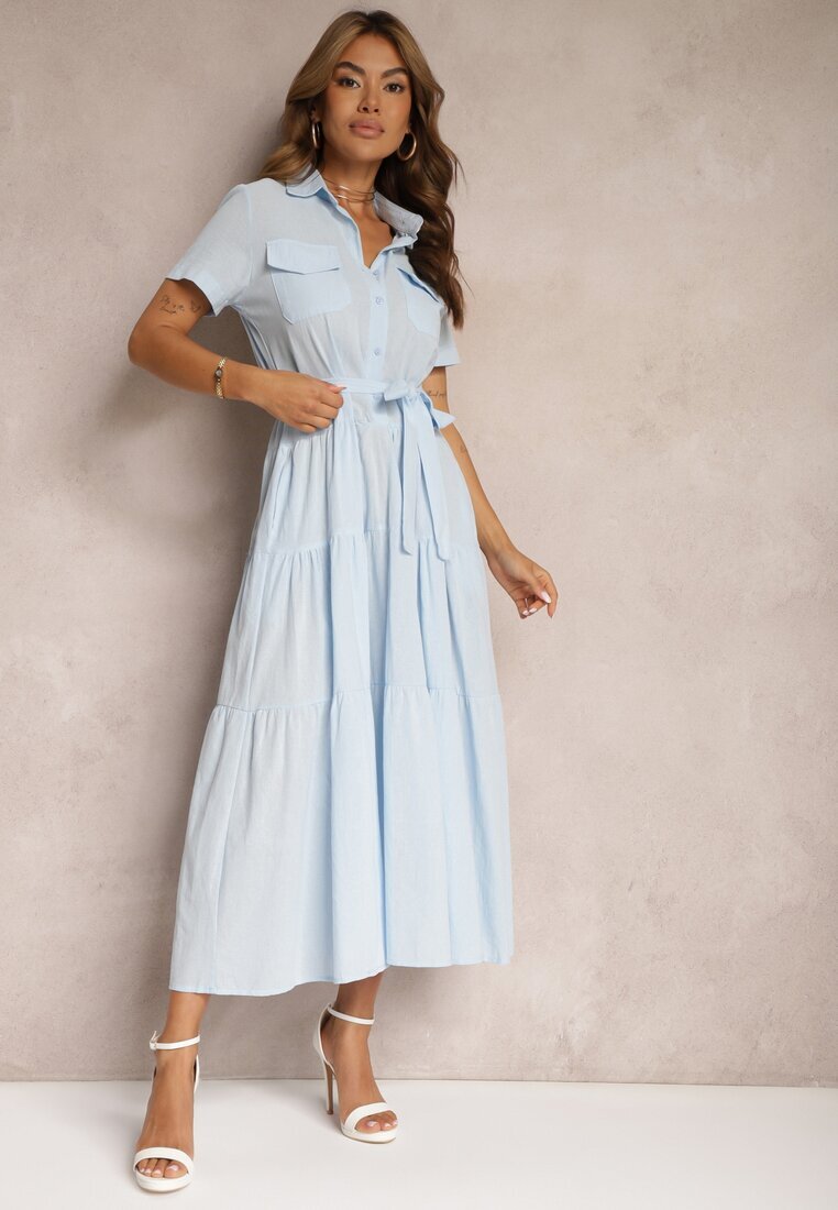 retro & icone Rochie Albastră Evazată Din bumbac Cu croi tip cămașă Legată în talie Arosofia