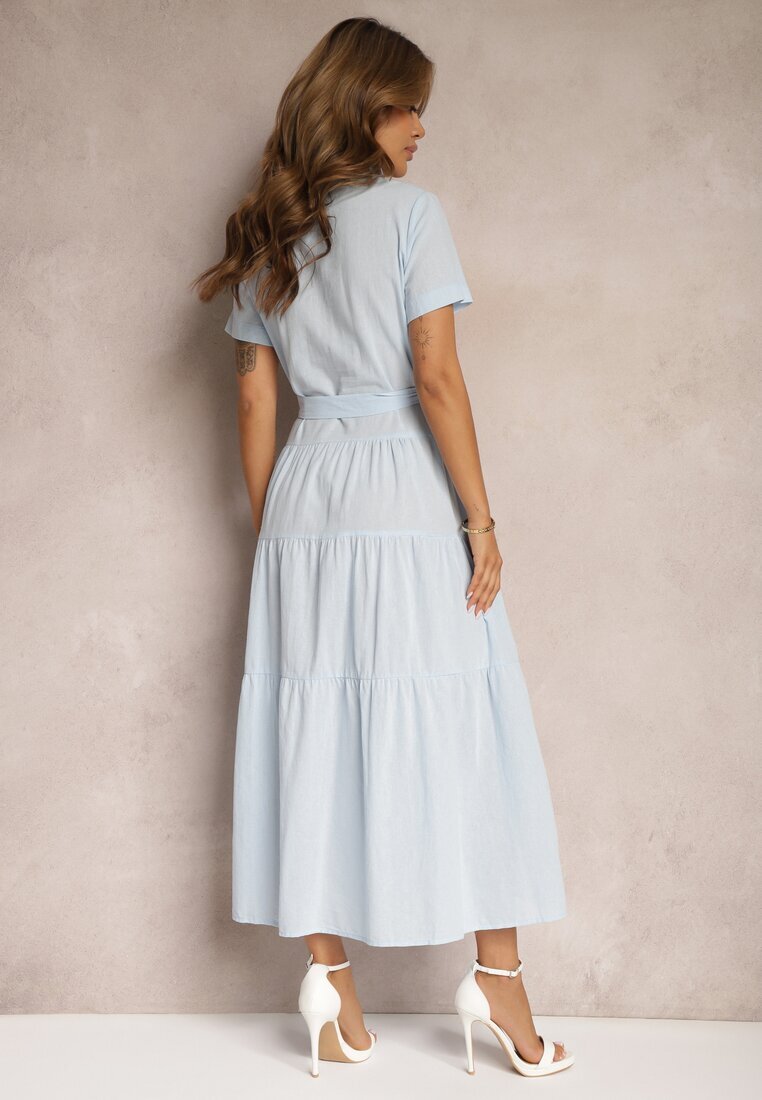 retro & icone Rochie Albastră Evazată Din bumbac Cu croi tip cămașă Legată în talie Arosofia