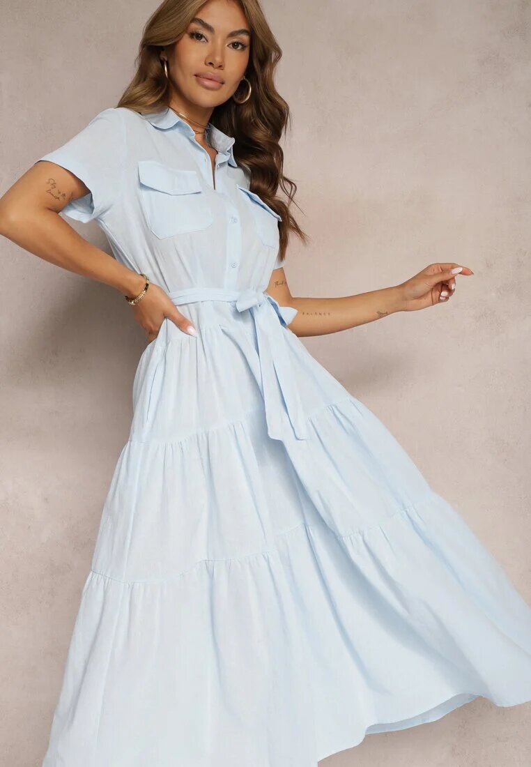 retro & icone Rochie Albastră Evazată Din bumbac Cu croi tip cămașă Legată în talie Arosofia