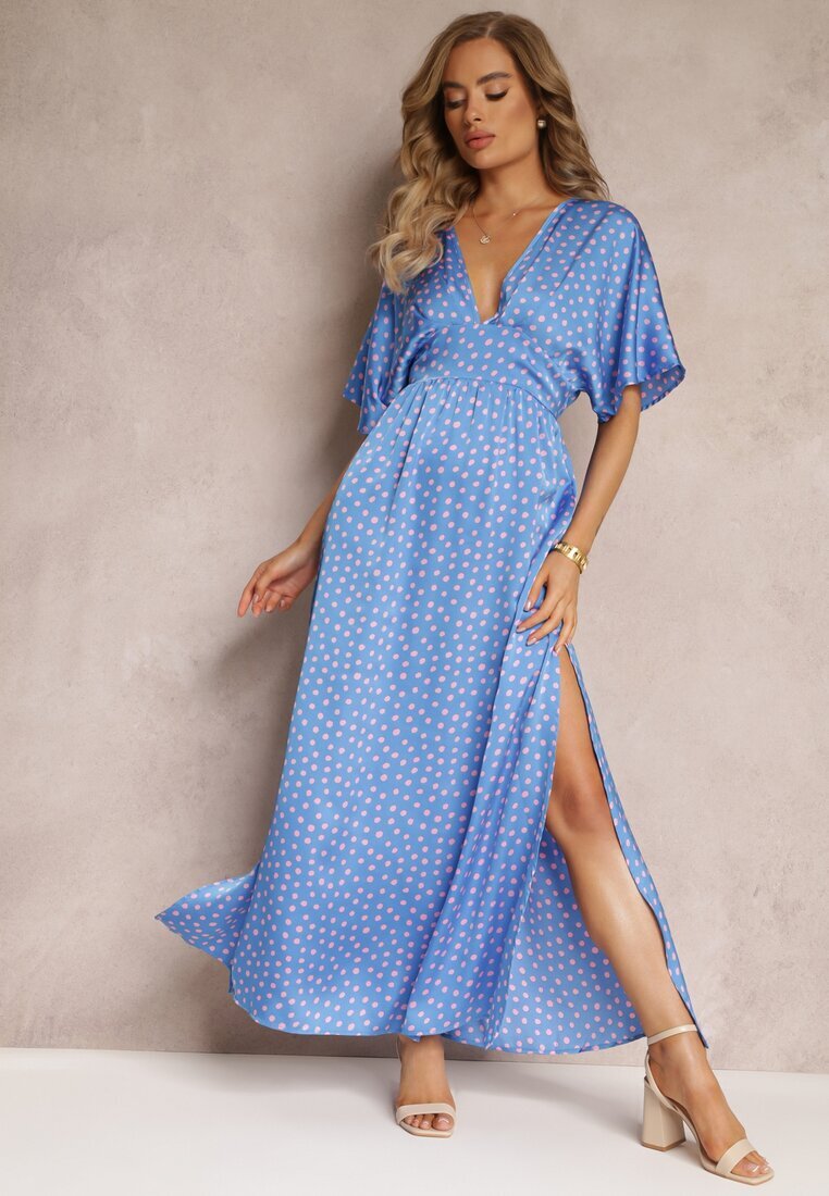 retro & icone Rochie Albastră Evazată Maxi cu buline cu decolteu adânc Sallo