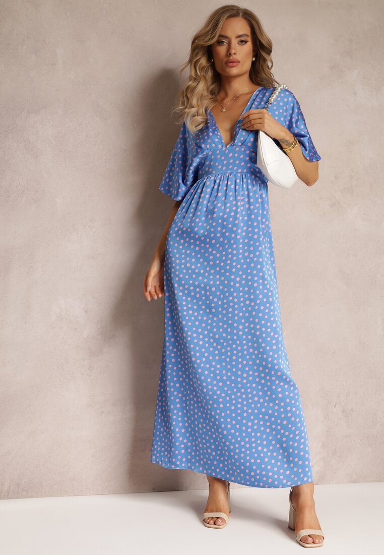 retro & icone Rochie Albastră Evazată Maxi cu buline cu decolteu adânc Sallo