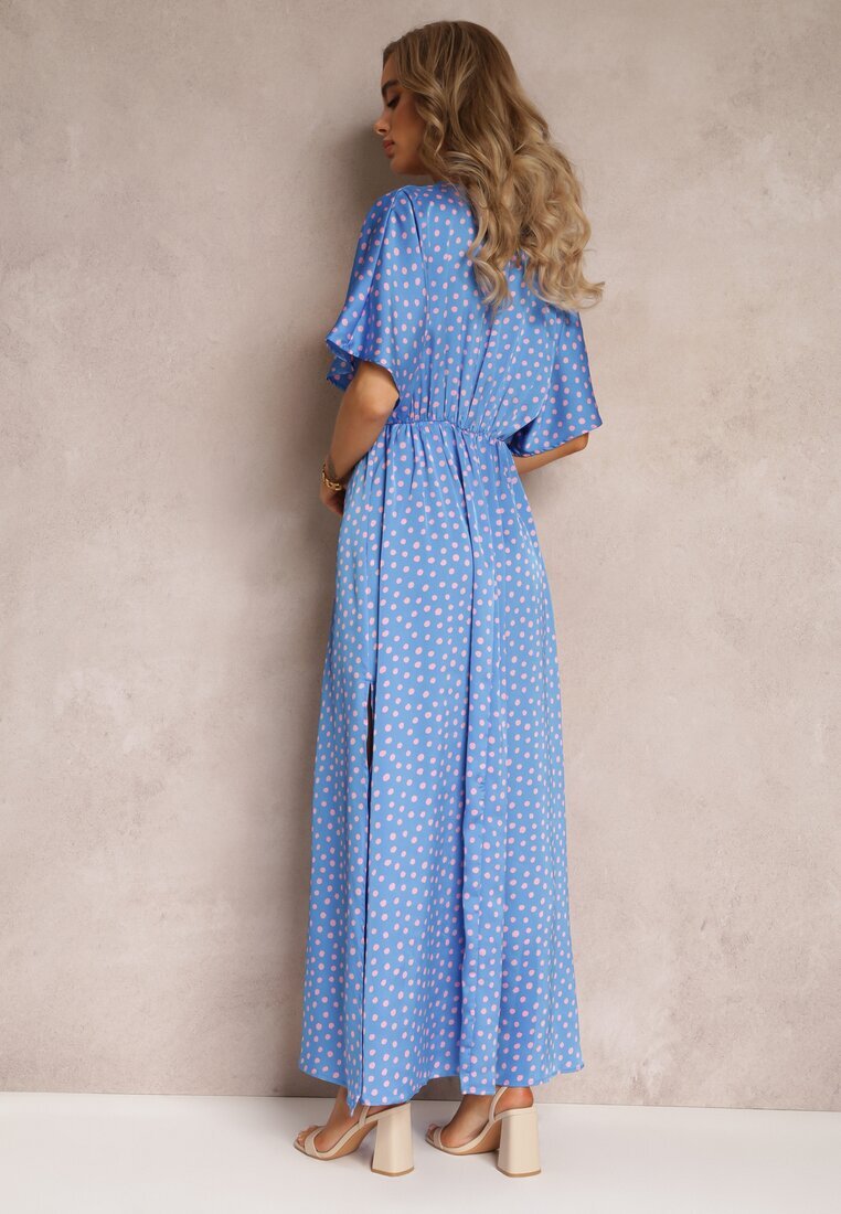 retro & icone Rochie Albastră Evazată Maxi cu buline cu decolteu adânc Sallo