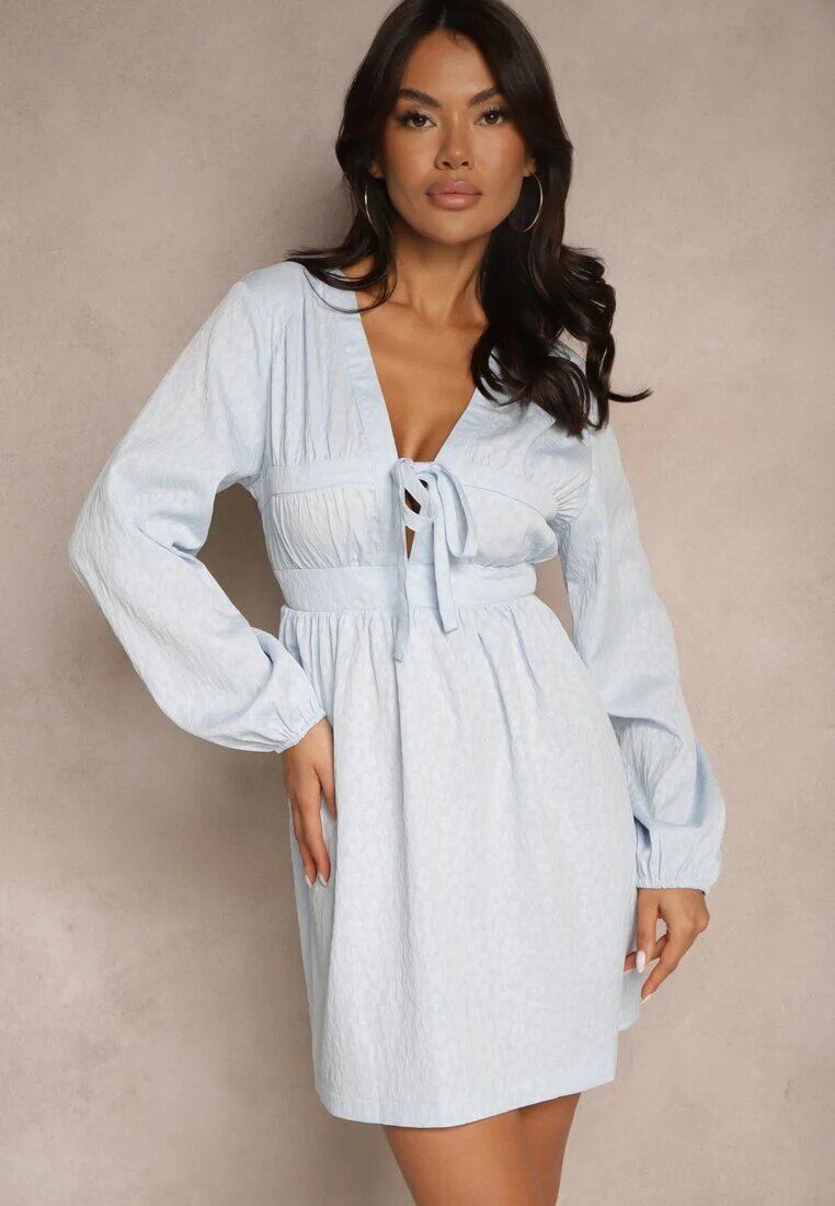 retro & icone Rochie Albastră Legată Cloș cu Imprimeu Decorativ Falretia