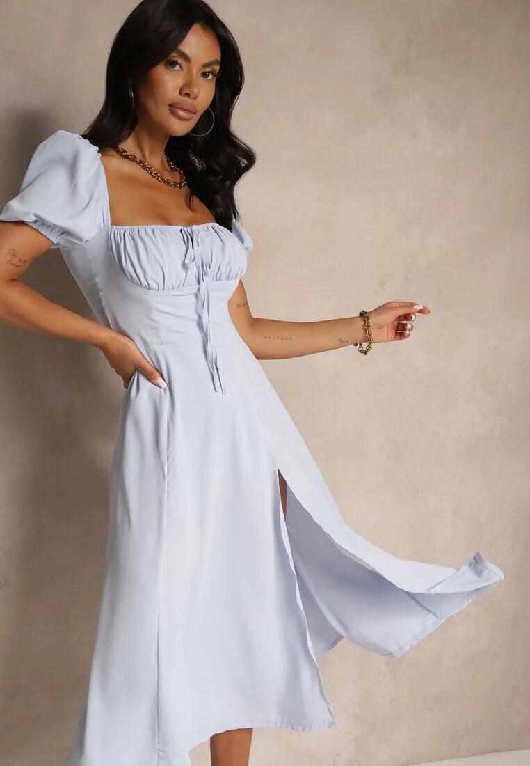 retro & icone Rochie Albastră Rustică cu croi evazat cu legătură și despicătură Idanvera