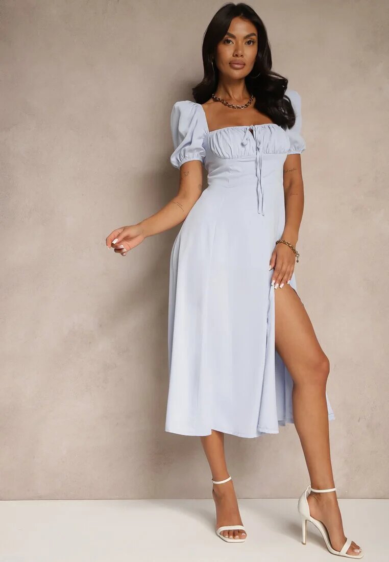 retro & icone Rochie Albastră Rustică cu croi evazat cu legătură și despicătură Idanvera