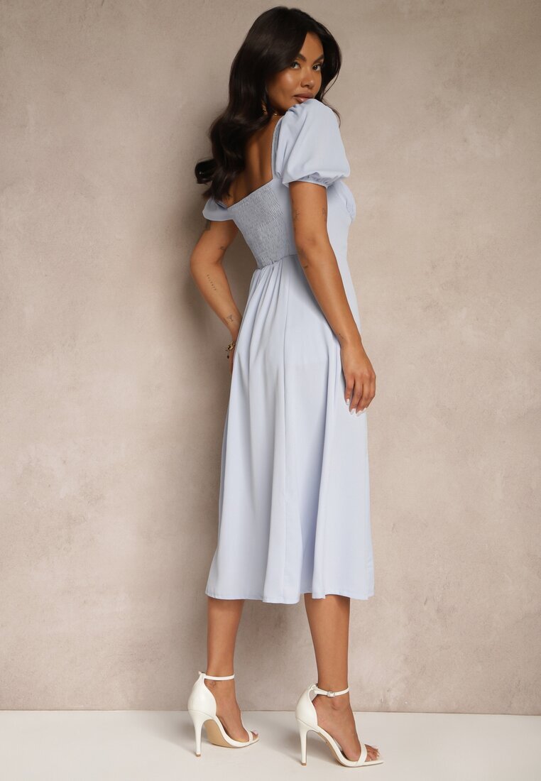 retro & icone Rochie Albastră Rustică cu croi evazat cu legătură și despicătură Idanvera