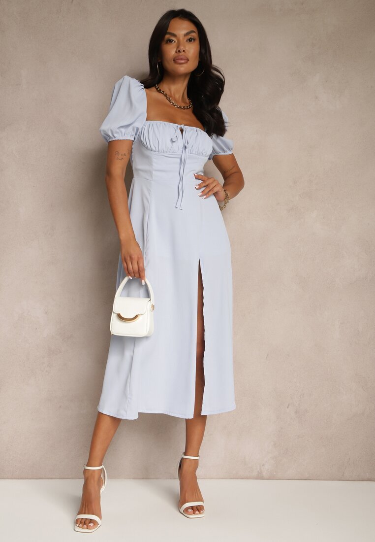 retro & icone Rochie Albastră Rustică cu croi evazat cu legătură și despicătură Idanvera
