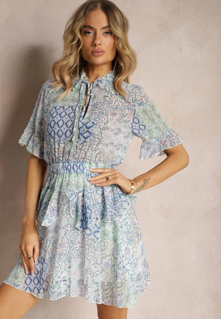 retro & icone Rochie Albastru deschis cu croială evazată cu volane și elastic în talie Nespia
