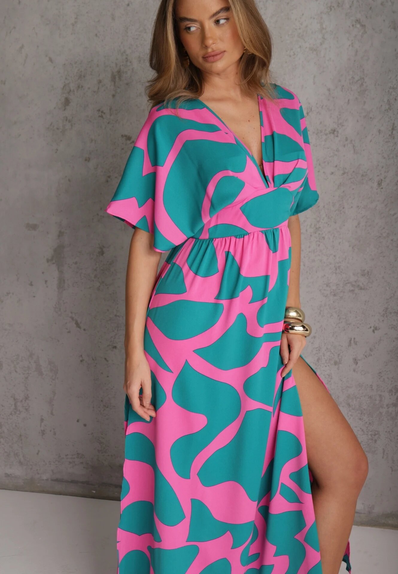 retro & icone Rochie Albastru-Roz Cloș cu Elastic în Talie și Decupaje Fienda