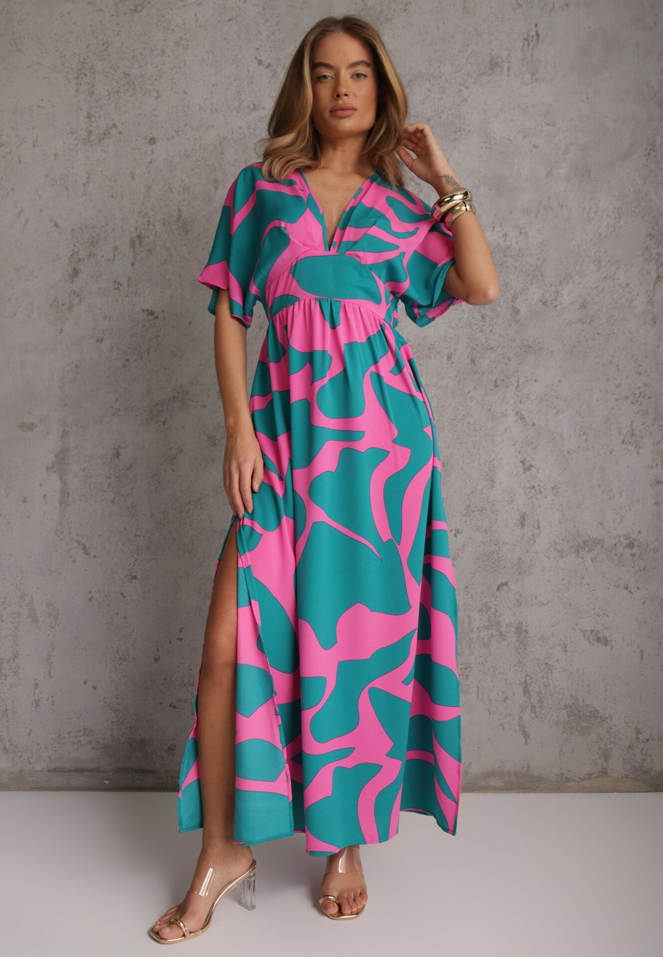 retro & icone Rochie Albastru-Roz Cloș cu Elastic în Talie și Decupaje Fienda