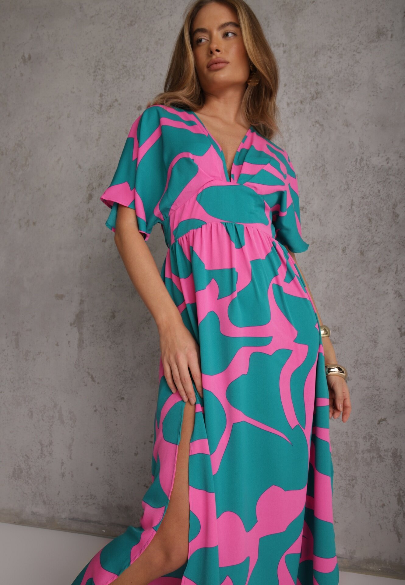 retro & icone Rochie Albastru-Roz Cloș cu Elastic în Talie și Decupaje Fienda