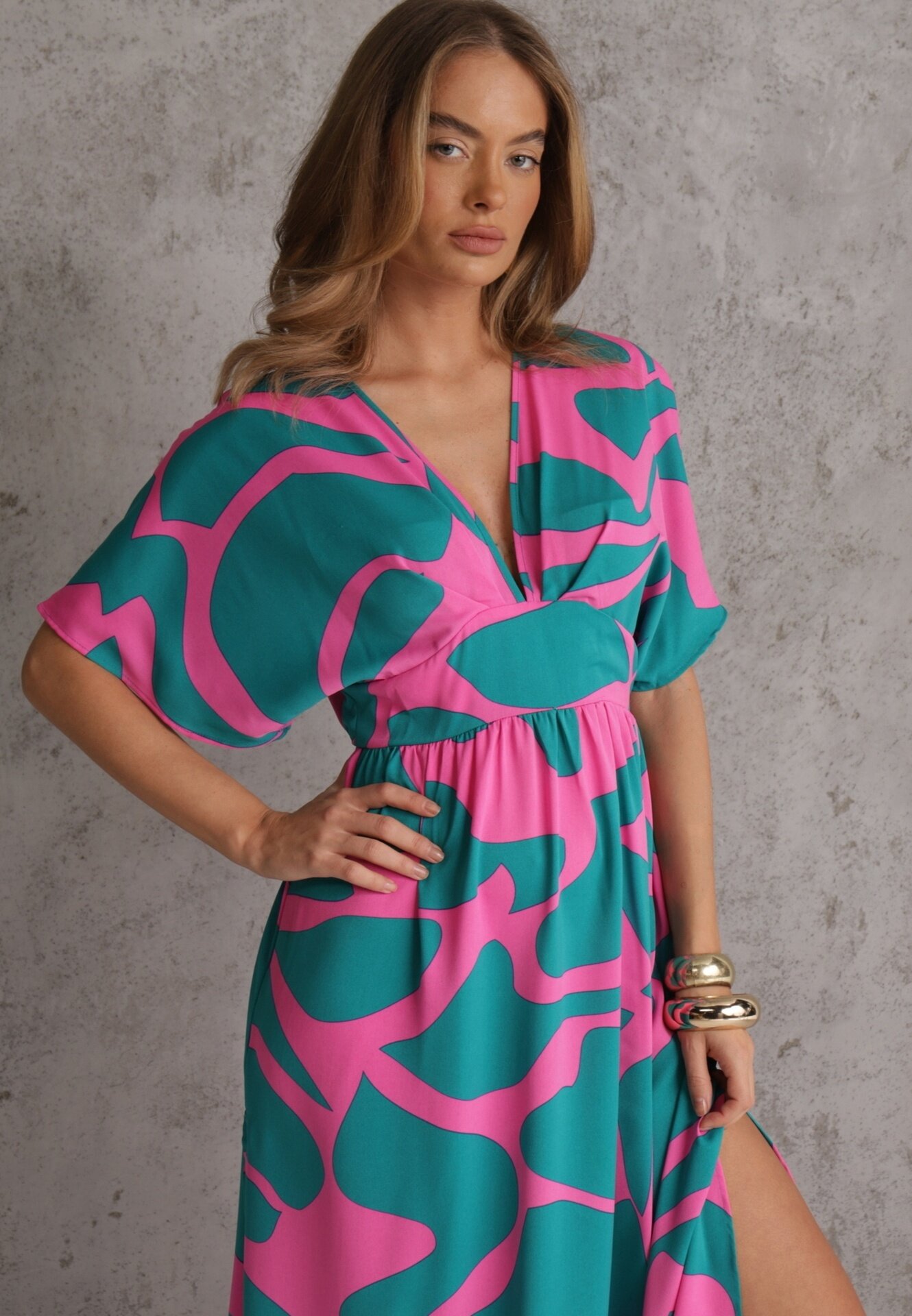 retro & icone Rochie Albastru-Roz Cloș cu Elastic în Talie și Decupaje Fienda