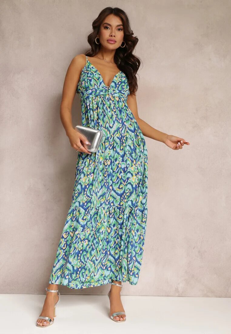 retro & icone Rochie Albastru-Verde Maxi cu bretele reglabile cu model abstract Jerela