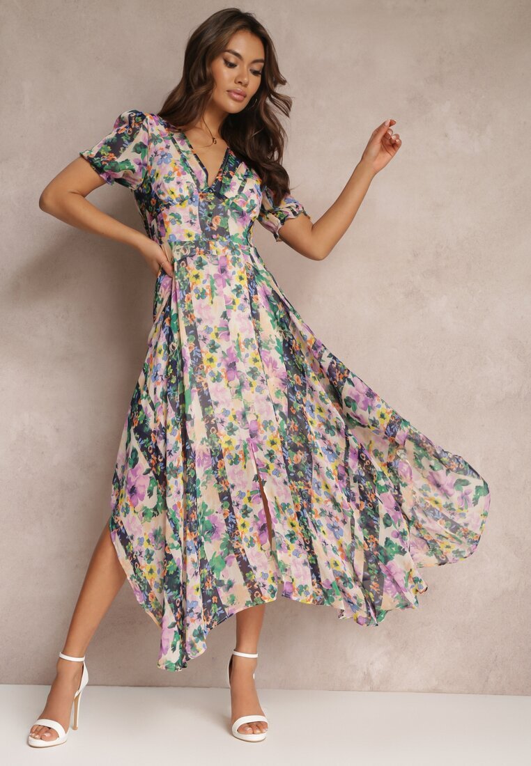 retro & icone Rochie Asimetrică Maxi Bej-Verde cu nasturi decorativi Nallini