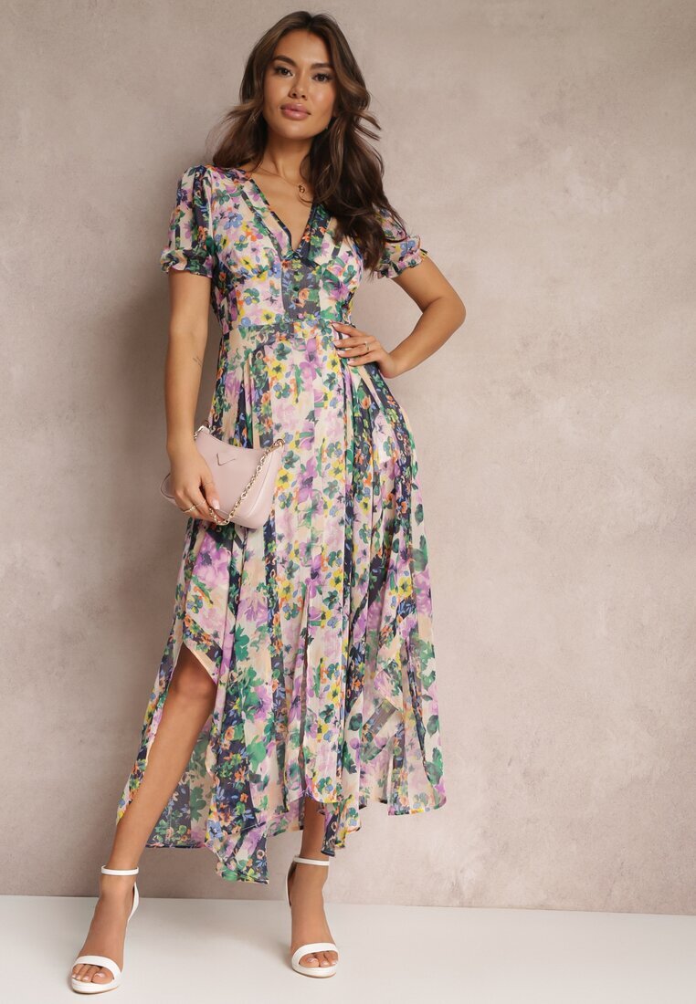 retro & icone Rochie Asimetrică Maxi Bej-Verde cu nasturi decorativi Nallini