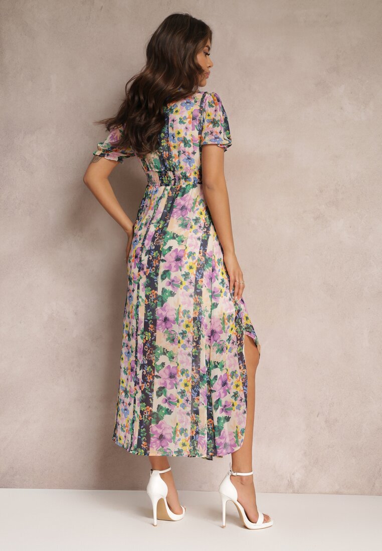 retro & icone Rochie Asimetrică Maxi Bej-Verde cu nasturi decorativi Nallini