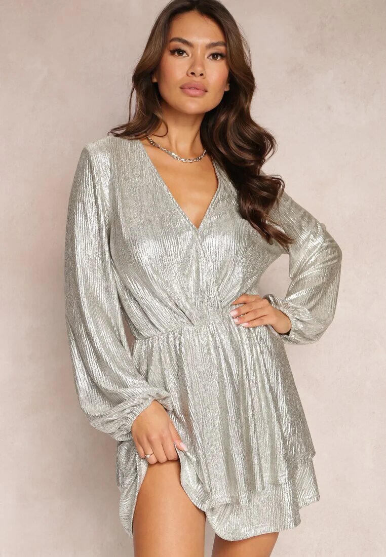 retro & icone Rochie Aurie Lejeră Cloș Mini cu Strălucire Metalică și Decolteu Petrecut cu Elastic în Talie Patangia