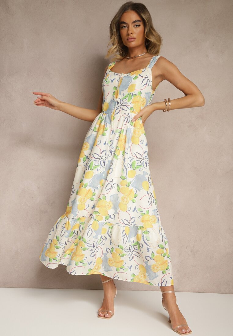 retro & icone Rochie bej de bumbac cu imprimeu cu lămâi Lenvira
