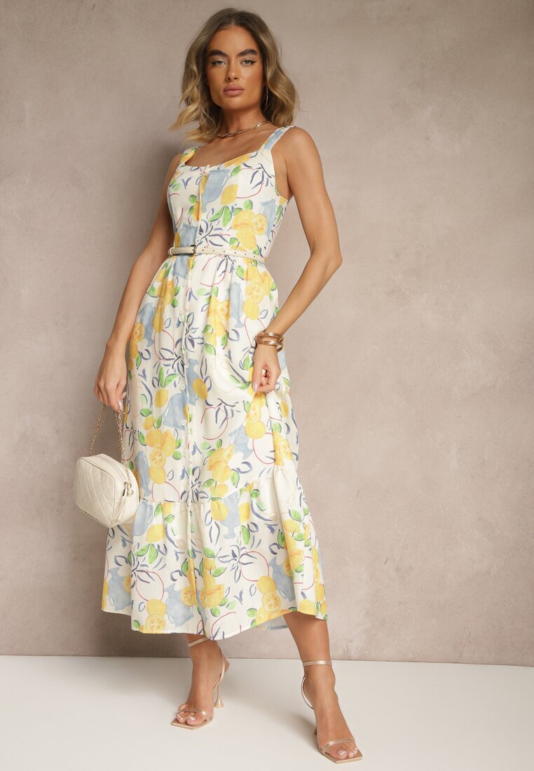 retro & icone Rochie bej de bumbac cu imprimeu cu lămâi Lenvira