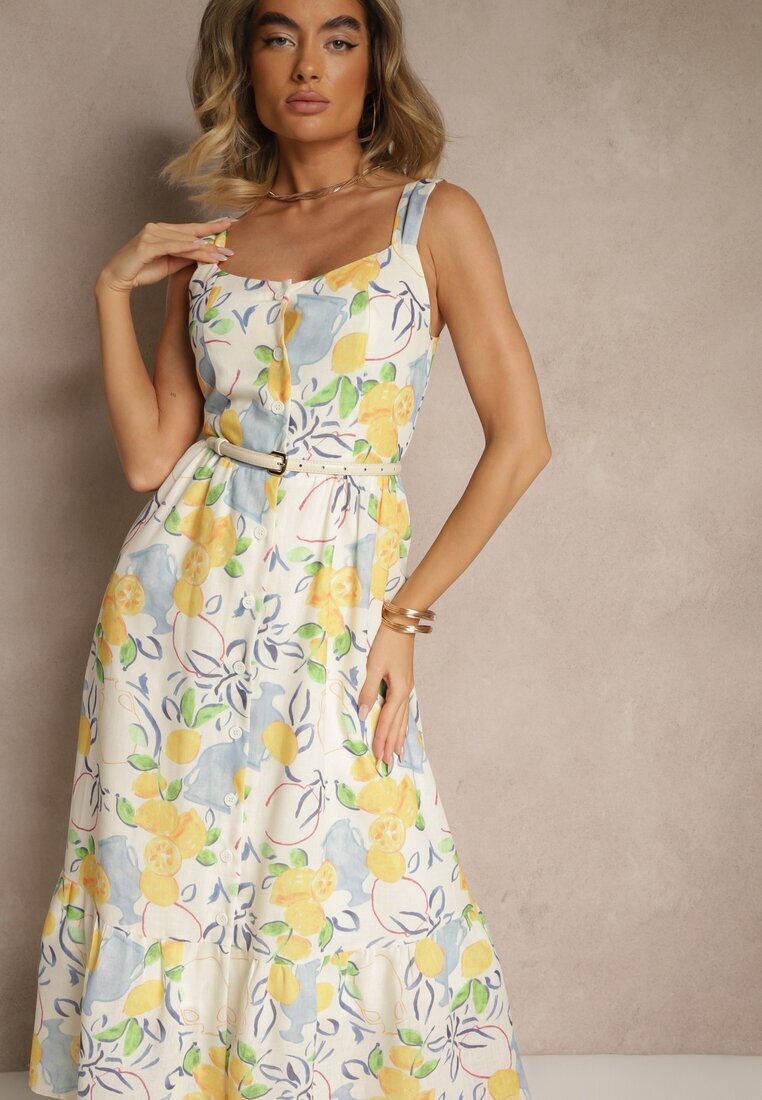 retro & icone Rochie bej de bumbac cu imprimeu cu lămâi Lenvira