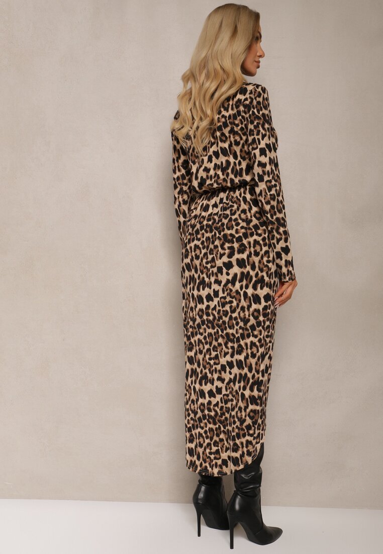 retro & icone Rochie Bej închis Imprimeu Leopard Ajustată Încrucișată cu Elastic în Talie Nikizia