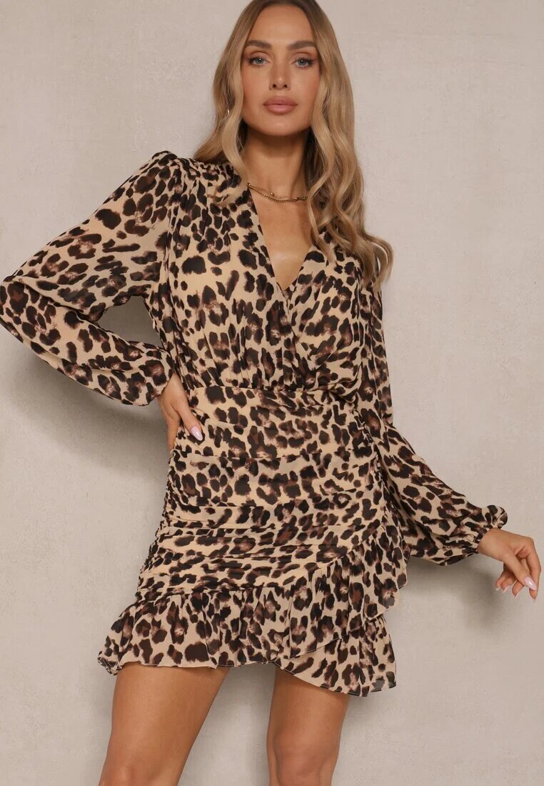 retro & icone Rochie Bej închis leopard cu croială cambrată cu drapaj și volănaș Trilobea