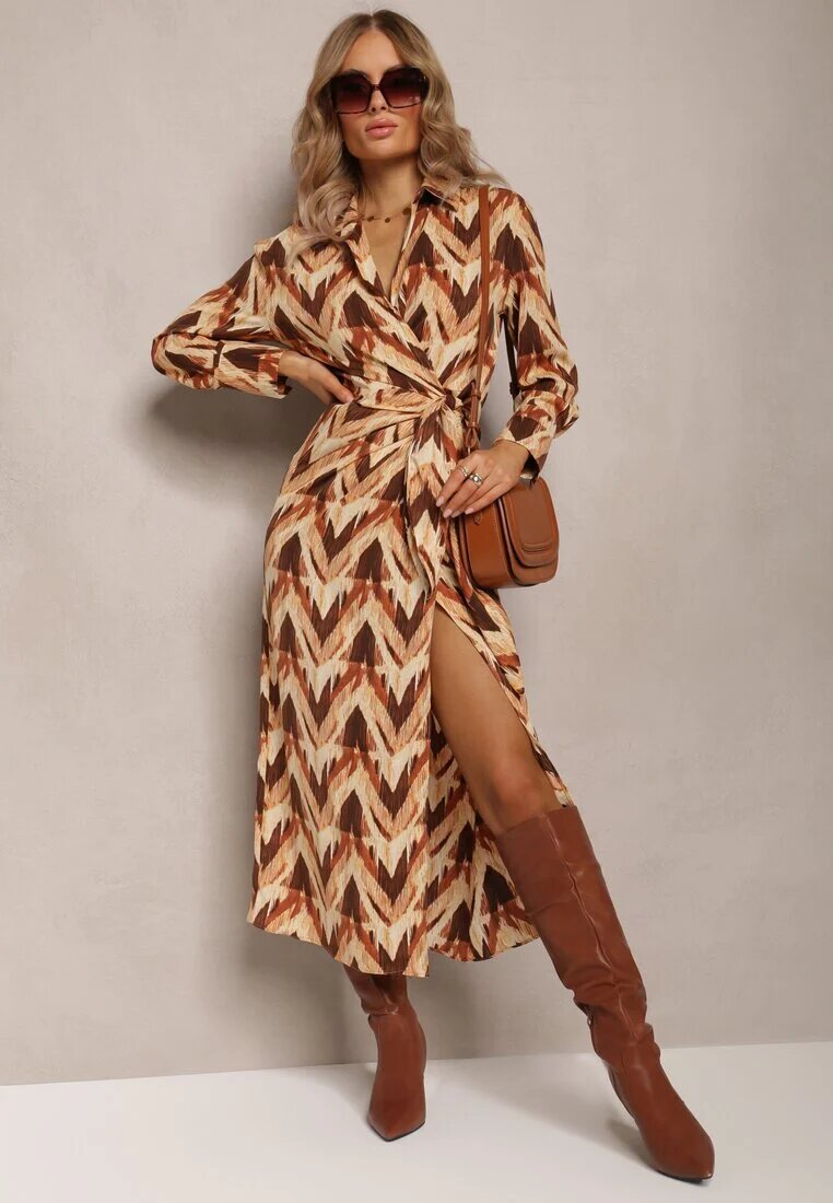 retro & icone Rochie Bej-Maro Plic cu Model Geometric Elavelle