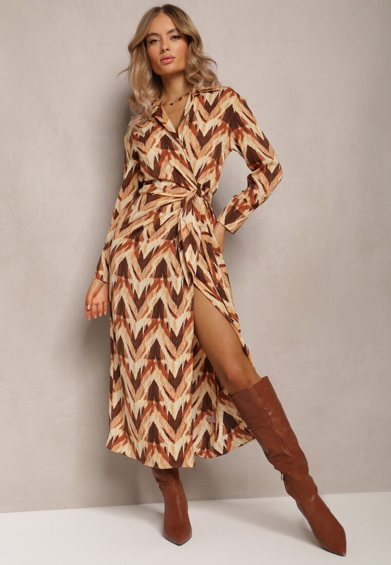 retro & icone Rochie Bej-Maro Plic cu Model Geometric Elavelle