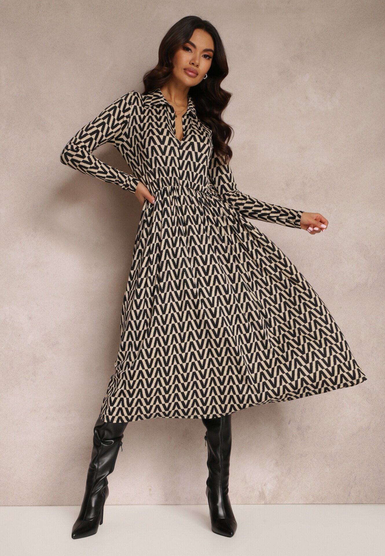 retro & icone Rochie Bej-Negru Cloș cu Dungi de Tigru Chipha