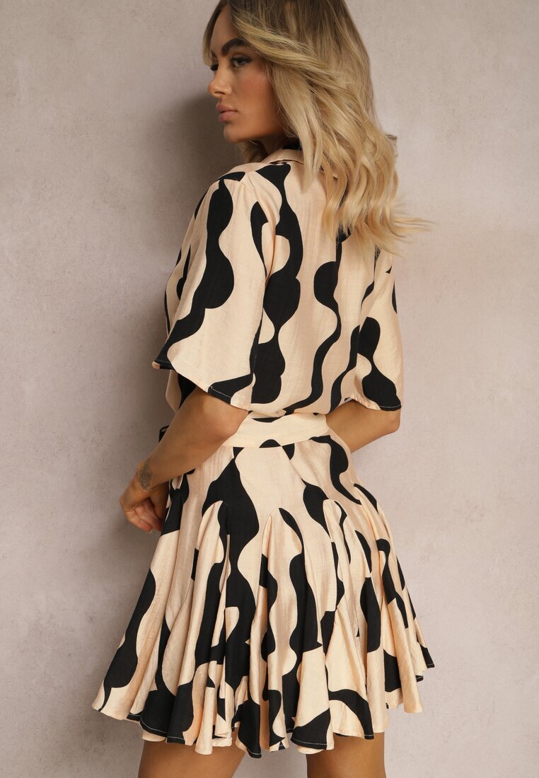 retro & icone Rochie Bej-Negru Cloș cu Mânecă Scurtă Închisă cu Nasturi cu Cordon din Material Nedia