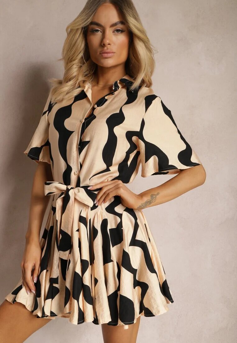 retro & icone Rochie Bej-Negru Cloș cu Mânecă Scurtă Închisă cu Nasturi cu Cordon din Material Nedia