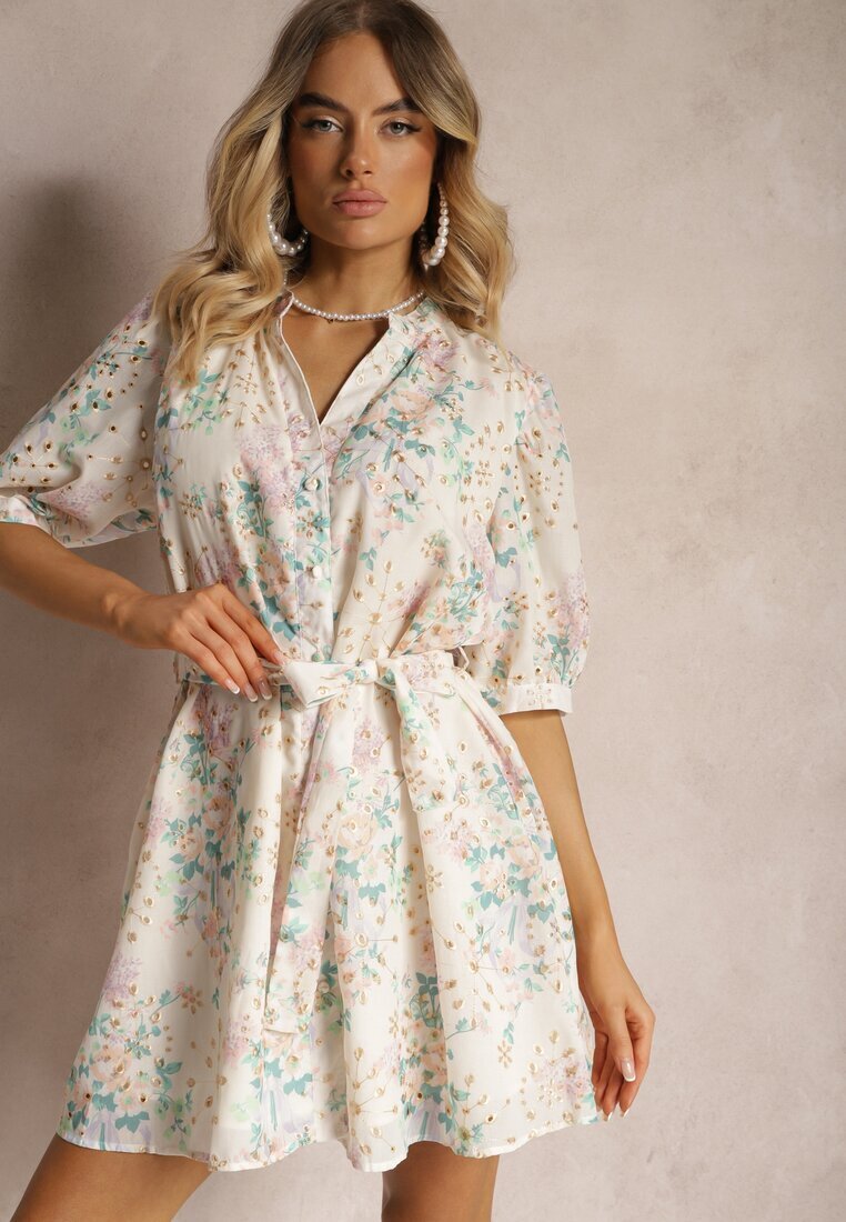 retro & icone Rochie Bej-Roz cu croi trapezoidal cu imprimeu floral mic cu curea din material textil în talie Ciratia