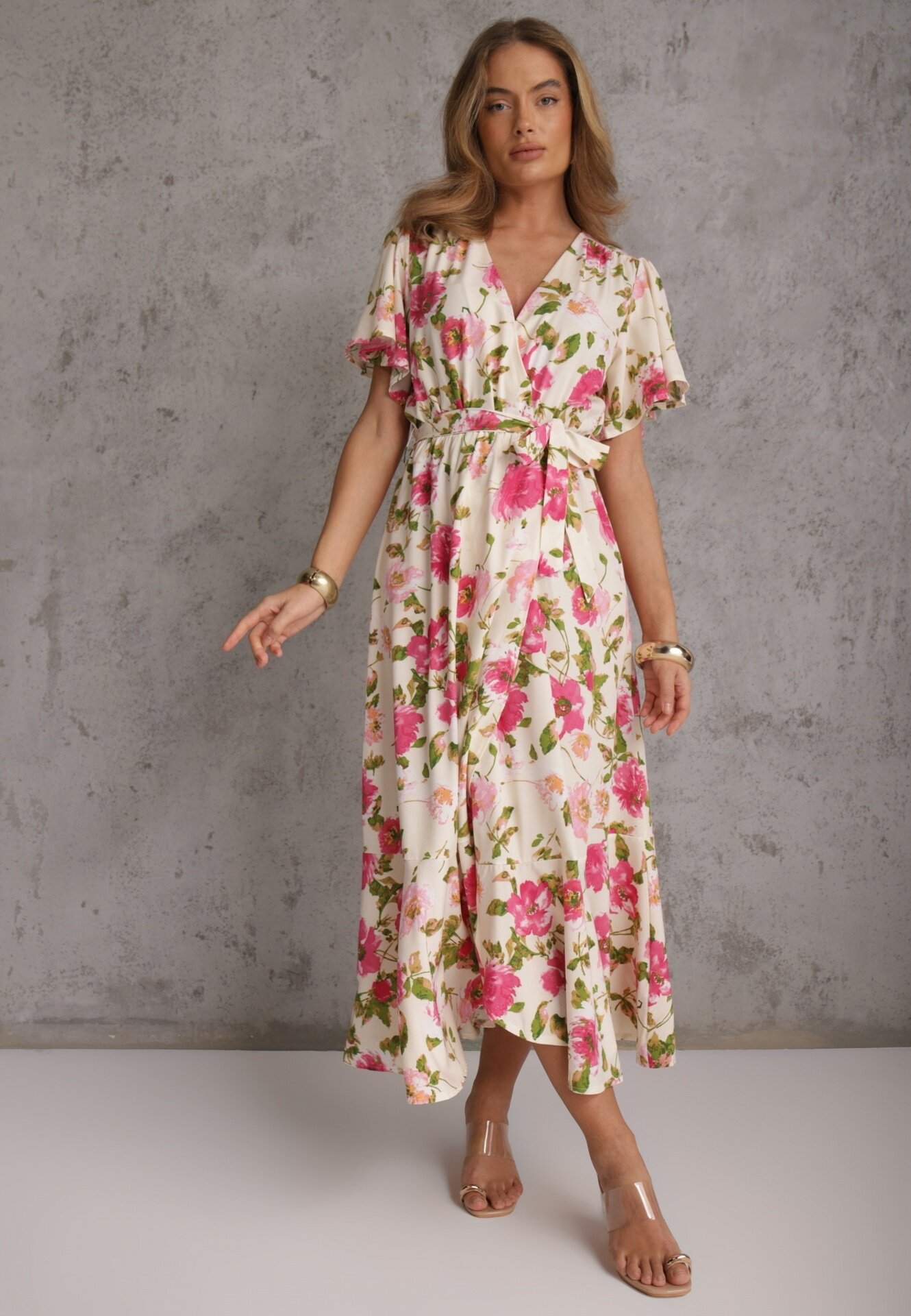 retro & icone Rochie Bej-Roz petrecută evazată cu volan și elastic în talie legată cu cordon Iratia