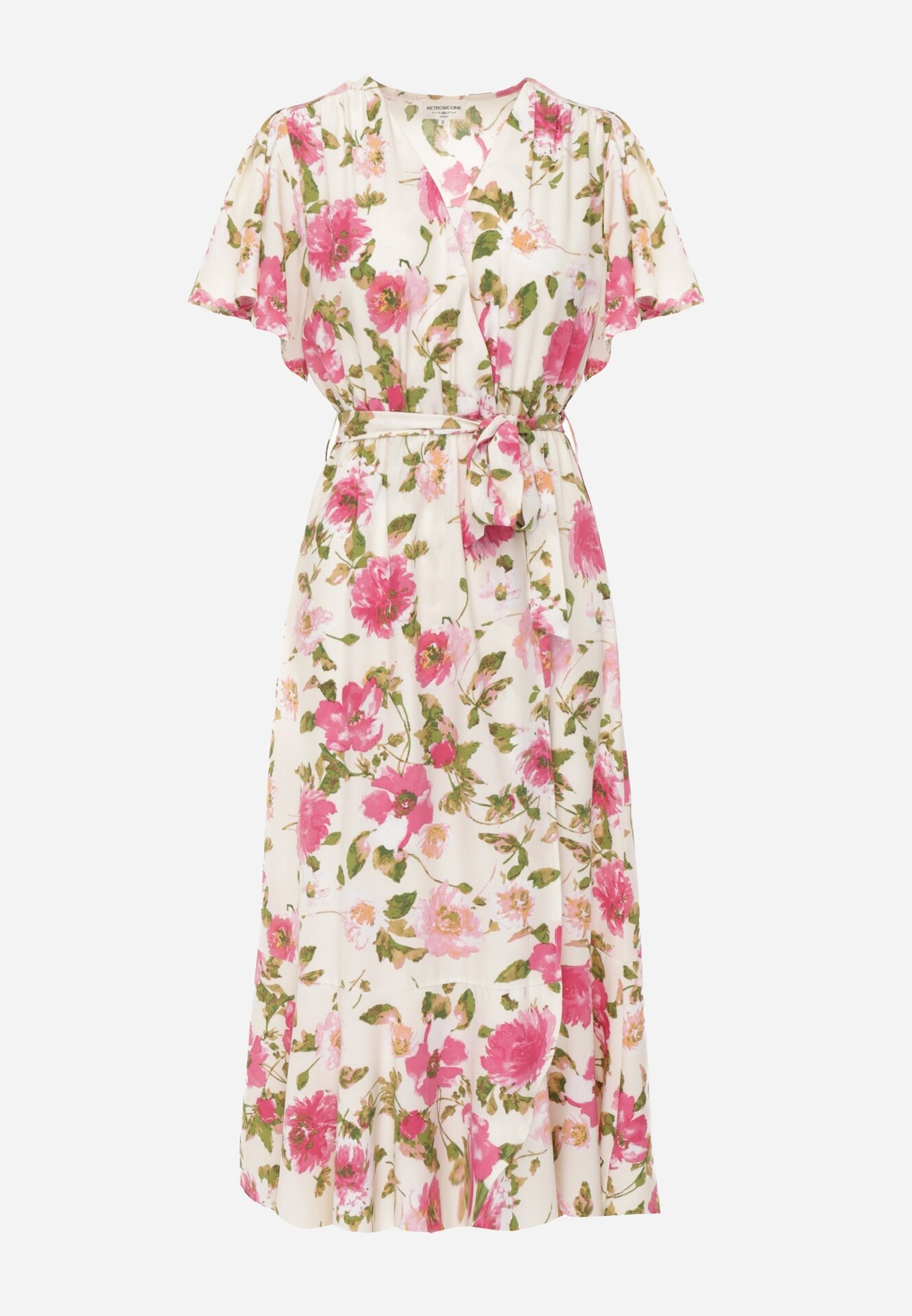 retro & icone Rochie Bej-Roz petrecută evazată cu volan și elastic în talie legată cu cordon Iratia