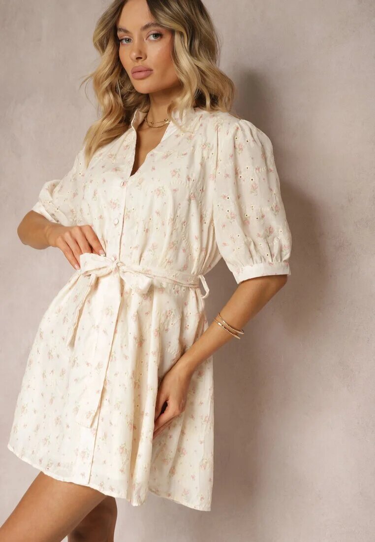retro & icone Rochie Bej-Roz Trapez stil cămașă Decorată cu cordon textil în talie Darnagia